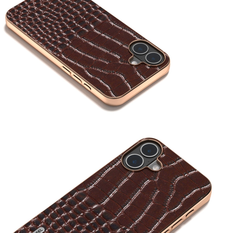 For iPhone 16 ABEEL Electroplated Frame Genuine Leather Crocodile Pattern Phone Case