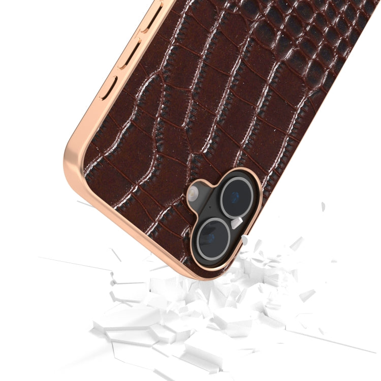 For iPhone 16 ABEEL Electroplated Frame Genuine Leather Crocodile Pattern Phone Case