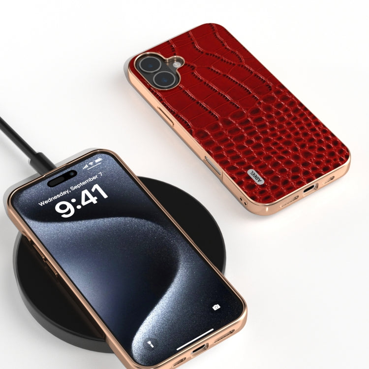 For iPhone 16 ABEEL Electroplated Frame Genuine Leather Crocodile Pattern Phone Case