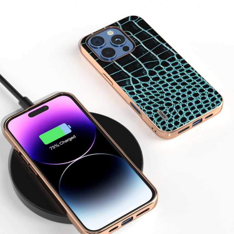 For iPhone 16 Pro ABEEL Electroplated Frame Genuine Leather Crocodile Pattern Phone Case