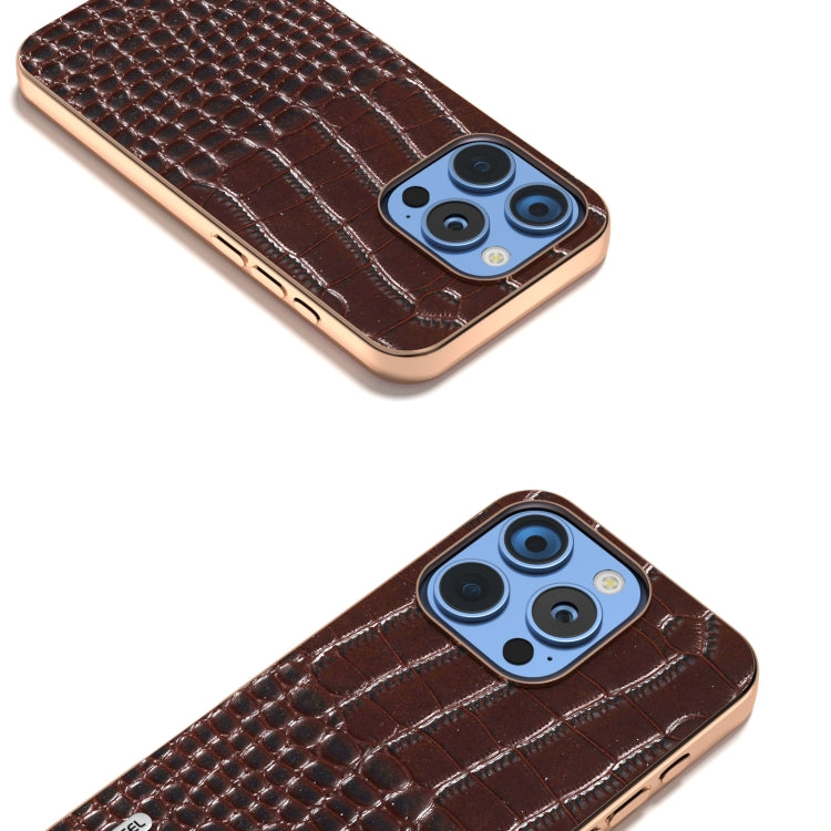 For iPhone 16 Pro ABEEL Electroplated Frame Genuine Leather Crocodile Pattern Phone Case