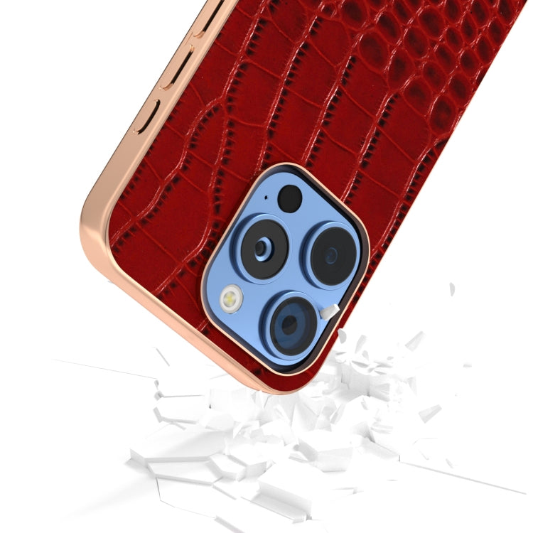 For iPhone 16 Pro ABEEL Electroplated Frame Genuine Leather Crocodile Pattern Phone Case