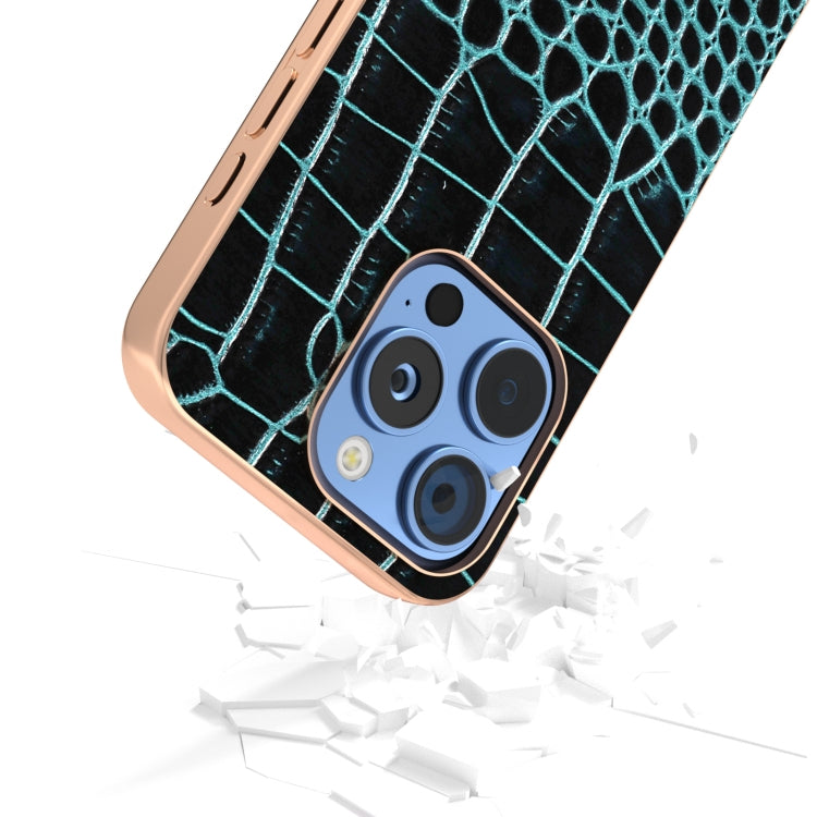 For iPhone 16 Pro Max ABEEL Electroplated Frame Genuine Leather Crocodile Pattern Phone Case