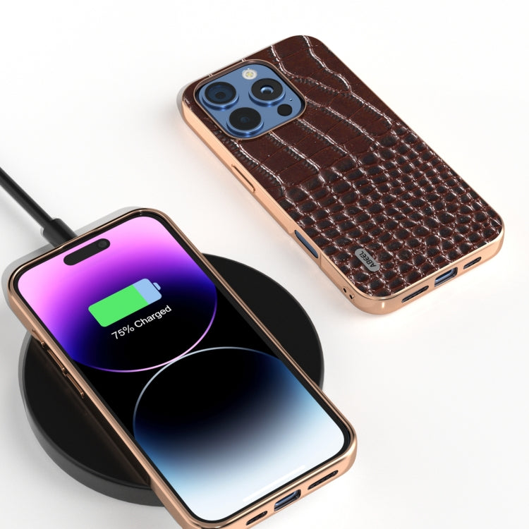 For iPhone 16 Pro Max ABEEL Electroplated Frame Genuine Leather Crocodile Pattern Phone Case