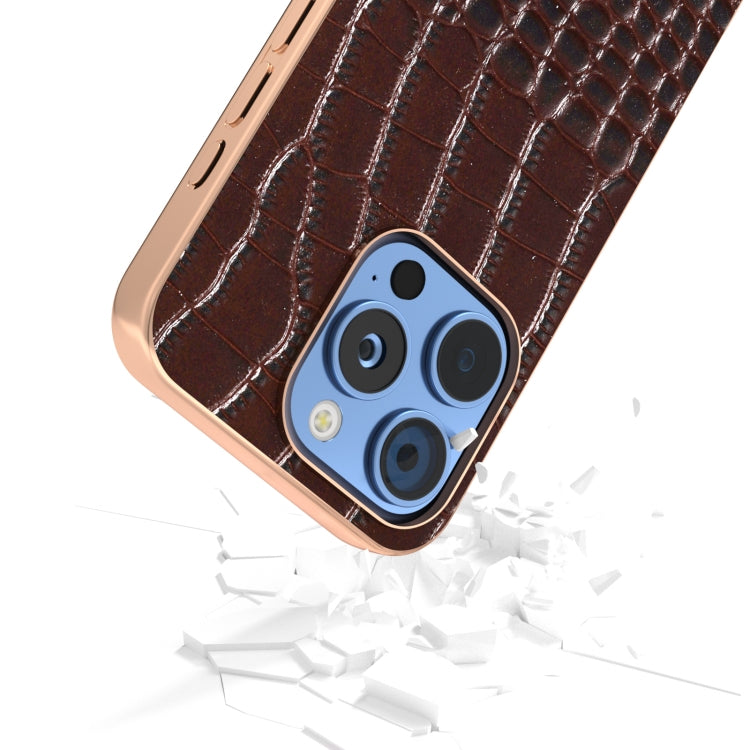 For iPhone 16 Pro Max ABEEL Electroplated Frame Genuine Leather Crocodile Pattern Phone Case