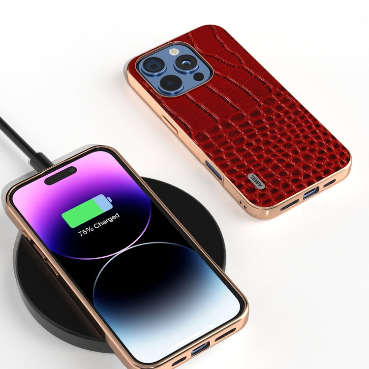 For iPhone 16 Pro Max ABEEL Electroplated Frame Genuine Leather Crocodile Pattern Phone Case