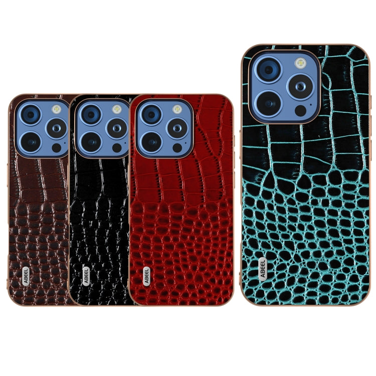 For iPhone 16 Pro Max ABEEL Electroplated Frame Genuine Leather Crocodile Pattern Phone Case