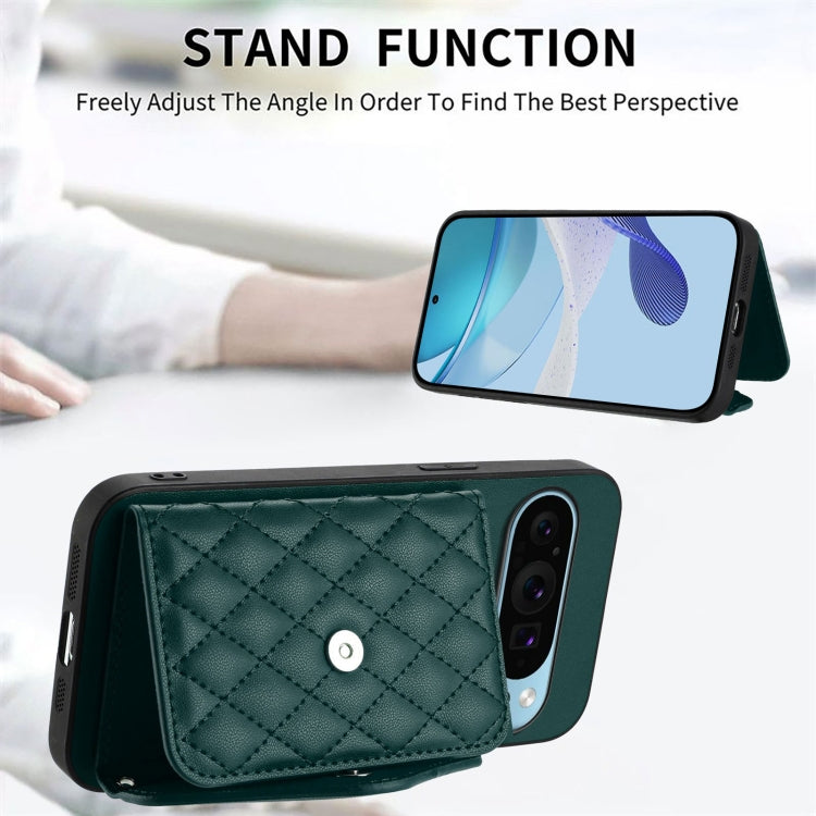 For Google Pixel 9 / 9 Pro Rhombic Texture Card Bag RFID Phone Case with Long Lanyard