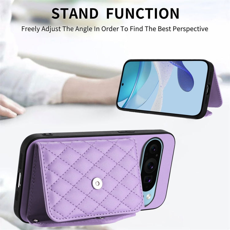 For Google Pixel 9 / 9 Pro Rhombic Texture Card Bag RFID Phone Case with Long Lanyard