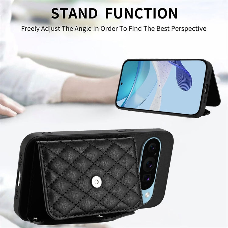 For Google Pixel 9 / 9 Pro Rhombic Texture Card Bag RFID Phone Case with Long Lanyard