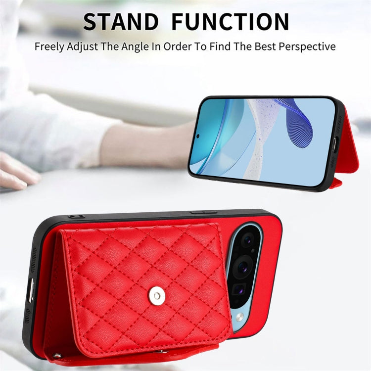 For Google Pixel 9 / 9 Pro Rhombic Texture Card Bag RFID Phone Case with Long Lanyard
