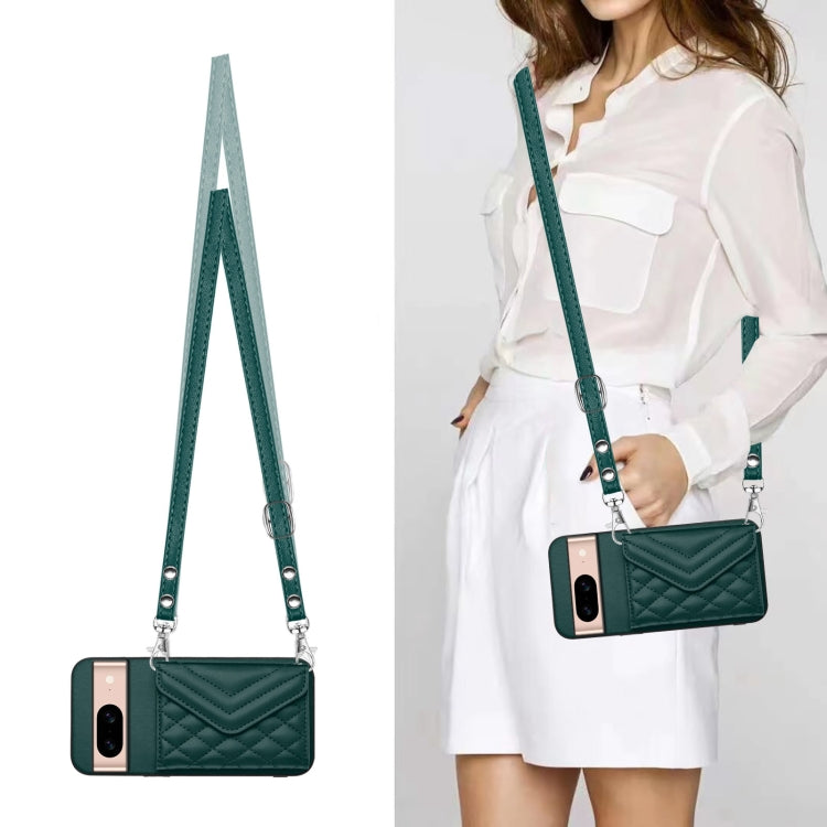 For Google Pixel 8a Rhombic Texture Card Bag RFID Phone Case with Long Lanyard