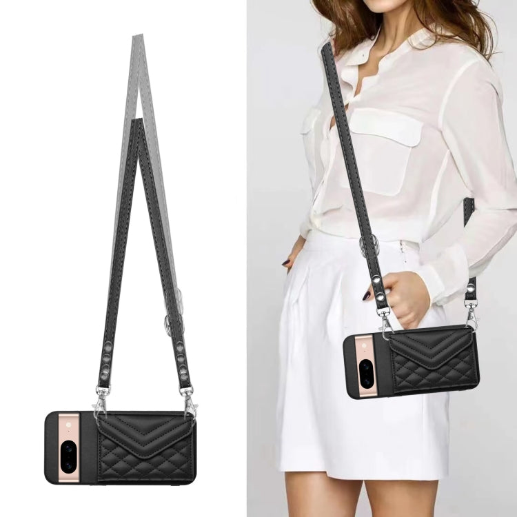 For Google Pixel 8a Rhombic Texture Card Bag RFID Phone Case with Long Lanyard