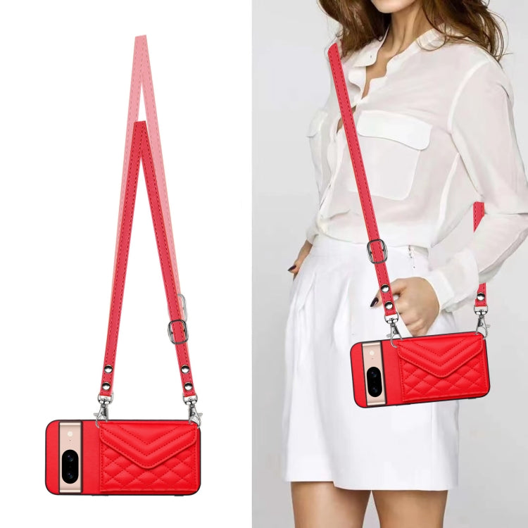 For Google Pixel 8a Rhombic Texture Card Bag RFID Phone Case with Long Lanyard
