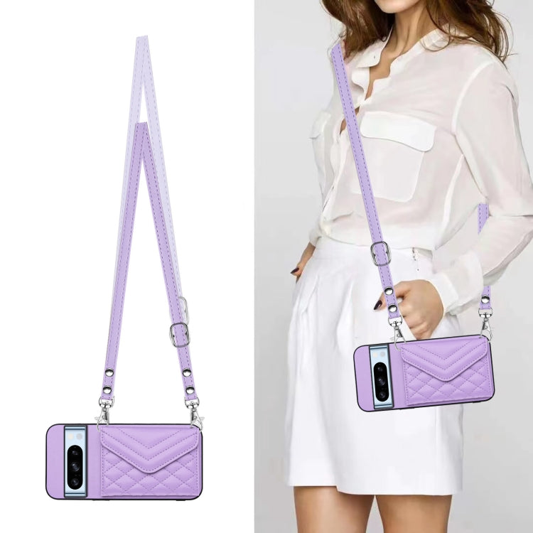For Google Pixel 8 Pro Rhombic Texture Card Bag RFID Phone Case with Long Lanyard