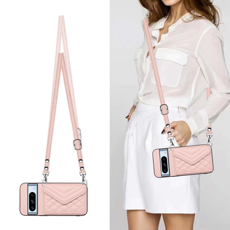 For Google Pixel 8 Pro Rhombic Texture Card Bag RFID Phone Case with Long Lanyard