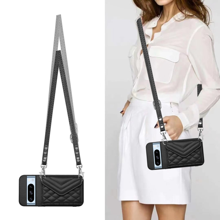 For Google Pixel 8 Pro Rhombic Texture Card Bag RFID Phone Case with Long Lanyard