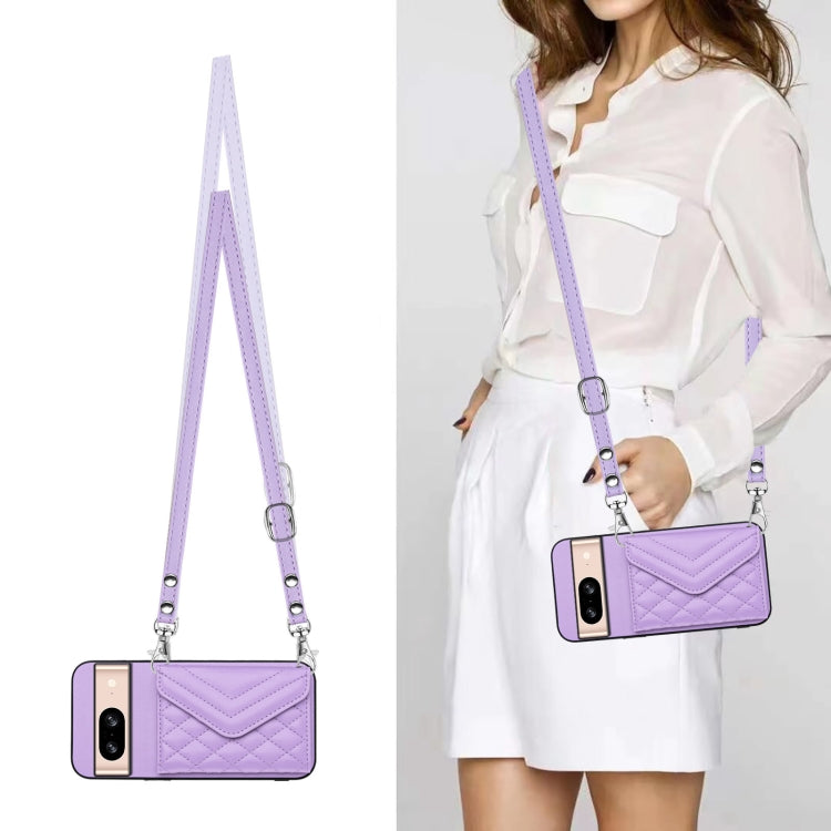 For Google Pixel 8 Rhombic Texture Card Bag RFID Phone Case with Long Lanyard