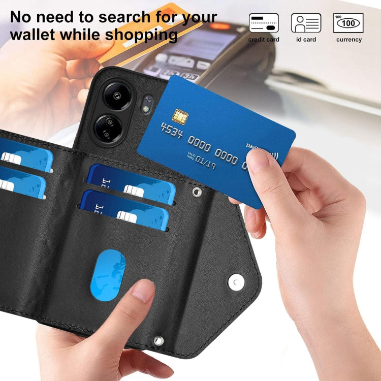 For Xiaomi Poco C65 Rhombic Texture Card Bag RFID Phone Case with Long Lanyard
