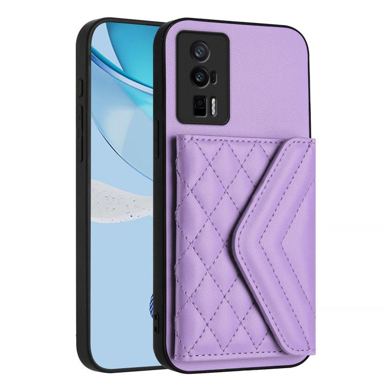 For Xiaomi Poco F5 Pro 5G Rhombic Texture Card Bag RFID Phone Case with Long Lanyard