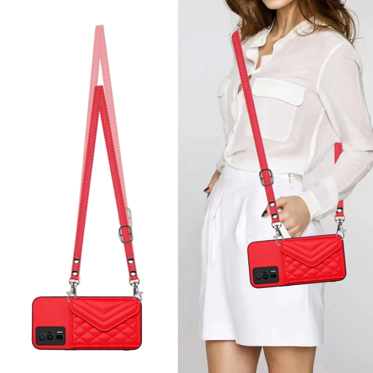 For Xiaomi Poco F5 Pro 5G Rhombic Texture Card Bag RFID Phone Case with Long Lanyard