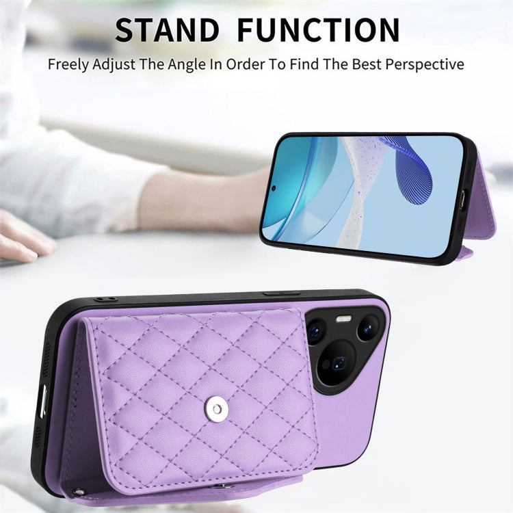 For Huawei Pura 70 Ultra Rhombic Texture Card Bag RFID Phone Case with Long Lanyard