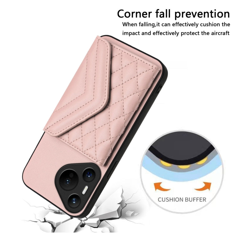 For Huawei Pura 70 Rhombic Texture Card Bag RFID Phone Case with Long Lanyard