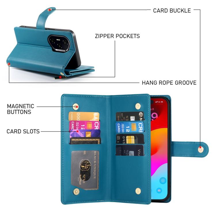 For Honor 300 Pro / 300 Ultra Nine Card-slot Zipper Wallet Bag Leather Phone Case