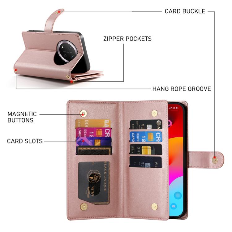 For Honor X9c Global / Magic7 Lite Nine Card-slot Zipper Wallet Bag Leather Phone Case