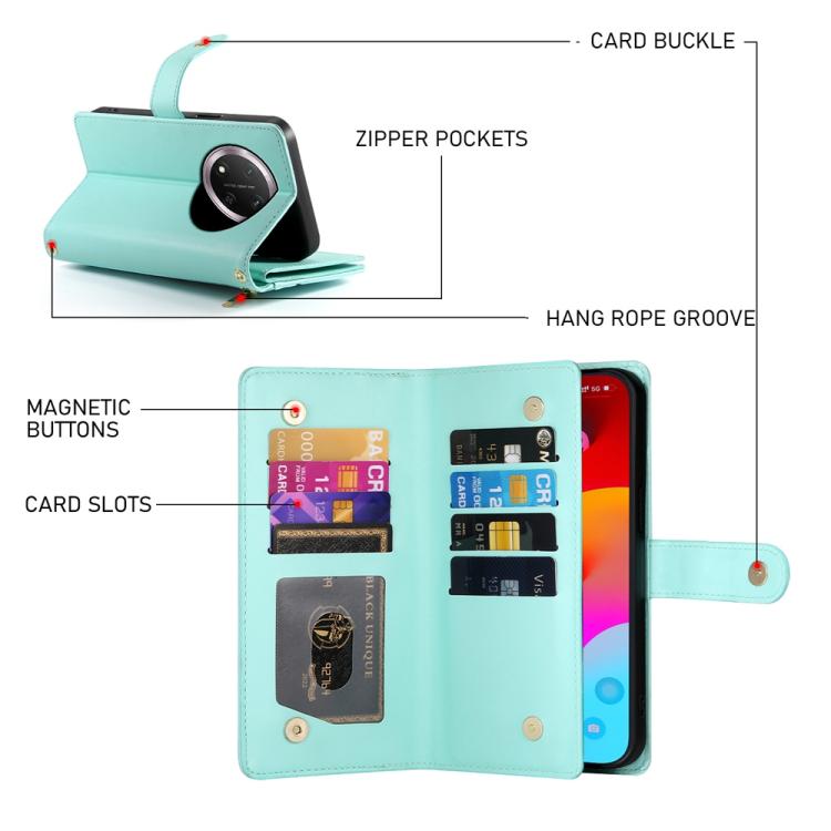 For Honor X9c Global / Magic7 Lite Nine Card-slot Zipper Wallet Bag Leather Phone Case