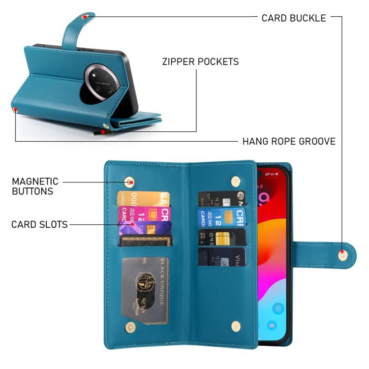 For Honor X9c Global / Magic7 Lite Nine Card-slot Zipper Wallet Bag Leather Phone Case