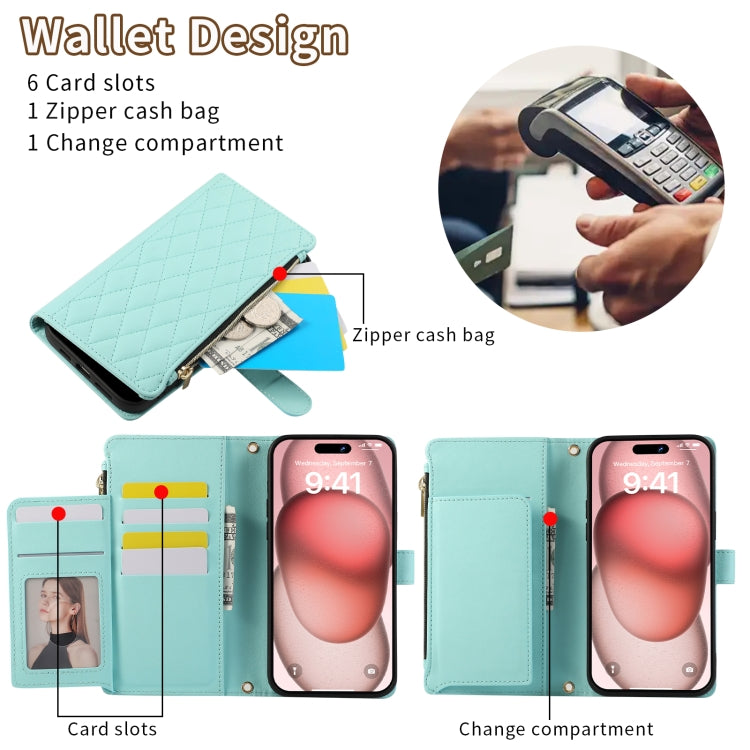 For iPhone 15 Pro Max Rhombic Zipper Wallet Leather Phone Case