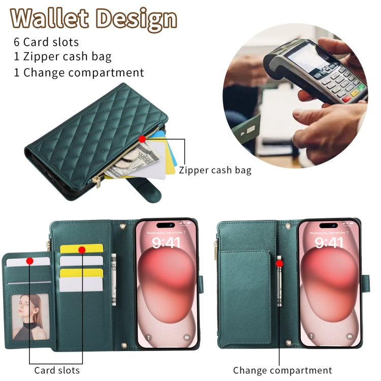 For iPhone 15 Plus Rhombic Zipper Wallet Leather Phone Case