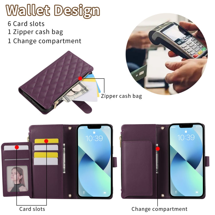 For iPhone 14 Plus Rhombic Zipper Wallet Leather Phone Case