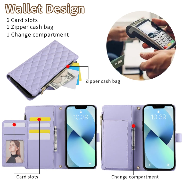 For iPhone 14 Rhombic Zipper Wallet Leather Phone Case