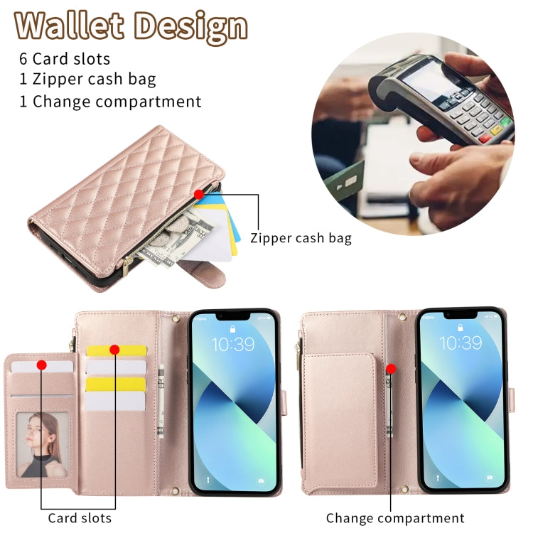 For iPhone 14 Rhombic Zipper Wallet Leather Phone Case