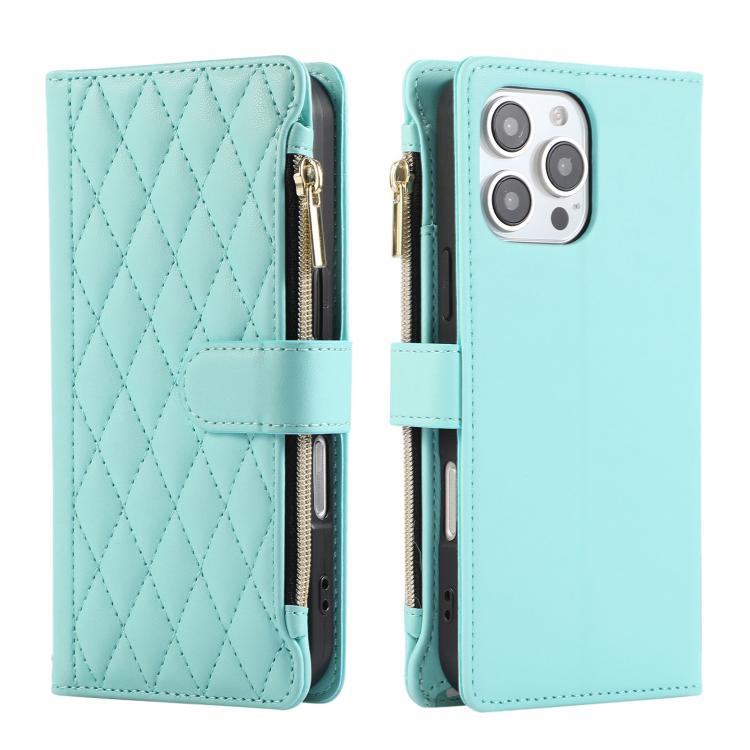 For iPhone 16 Pro Max Rhombic Zipper Wallet Leather Phone Case