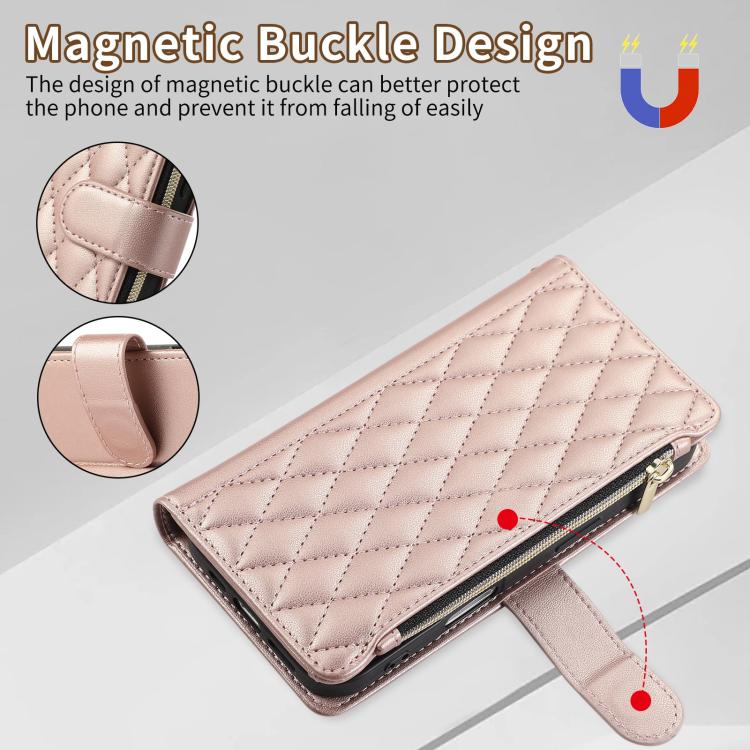 For iPhone 16 Pro Max Rhombic Zipper Wallet Leather Phone Case