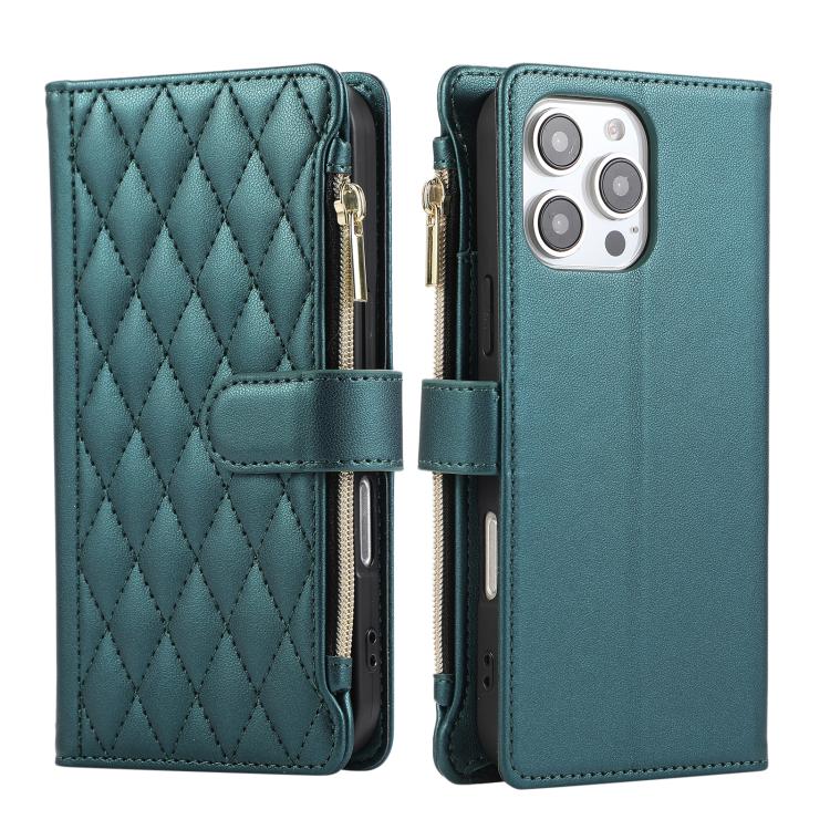 For iPhone 16 Pro Max Rhombic Zipper Wallet Leather Phone Case