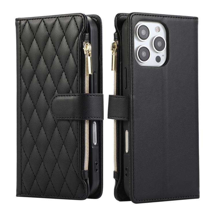For iPhone 16 Pro Max Rhombic Zipper Wallet Leather Phone Case