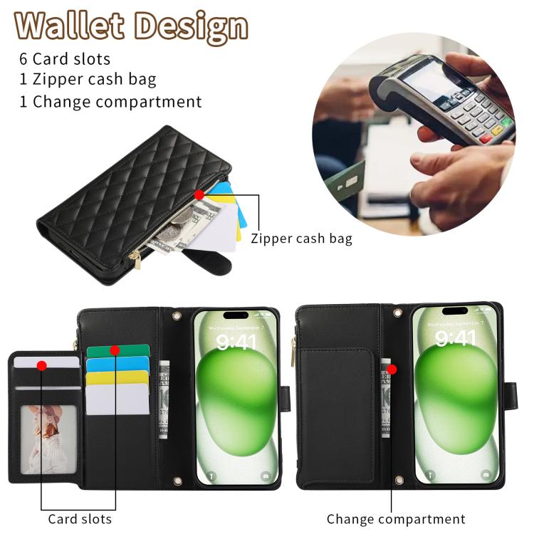 For iPhone 16 Pro Max Rhombic Zipper Wallet Leather Phone Case