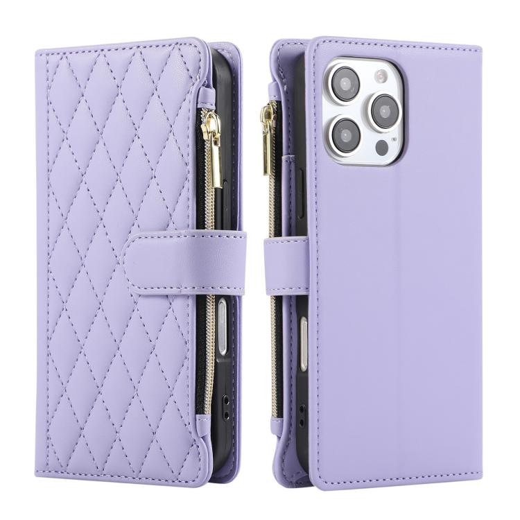 For iPhone 16 Pro Rhombic Zipper Wallet Leather Phone Case