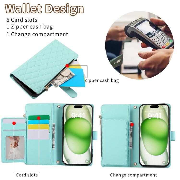 For iPhone 16 Pro Rhombic Zipper Wallet Leather Phone Case