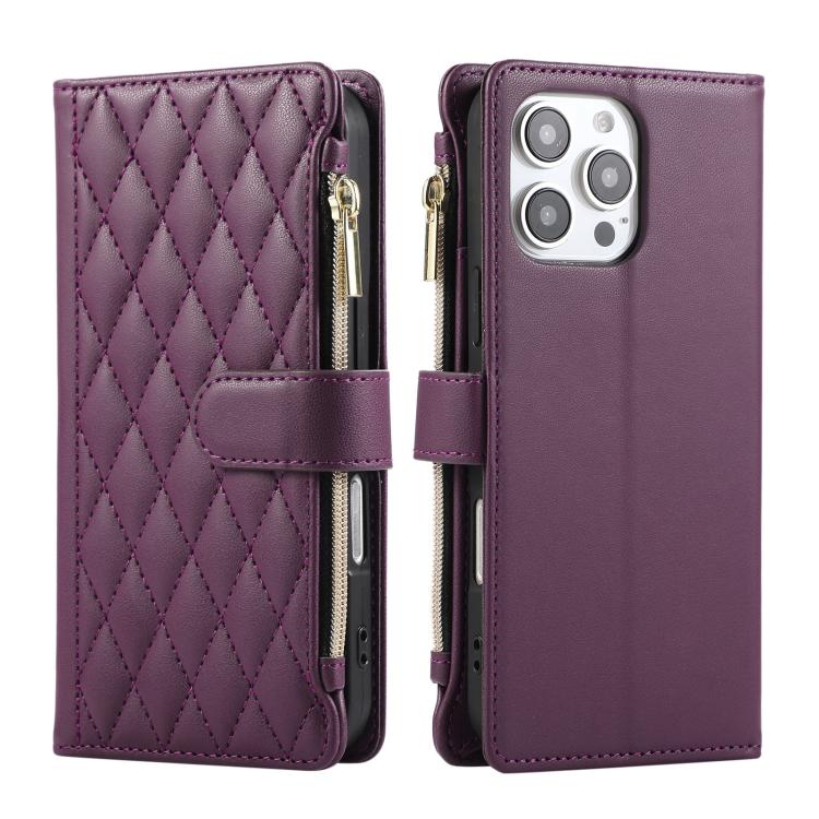 For iPhone 16 Pro Rhombic Zipper Wallet Leather Phone Case