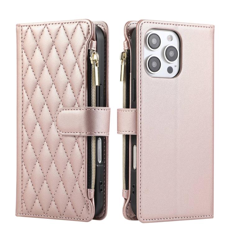 For iPhone 16 Pro Rhombic Zipper Wallet Leather Phone Case