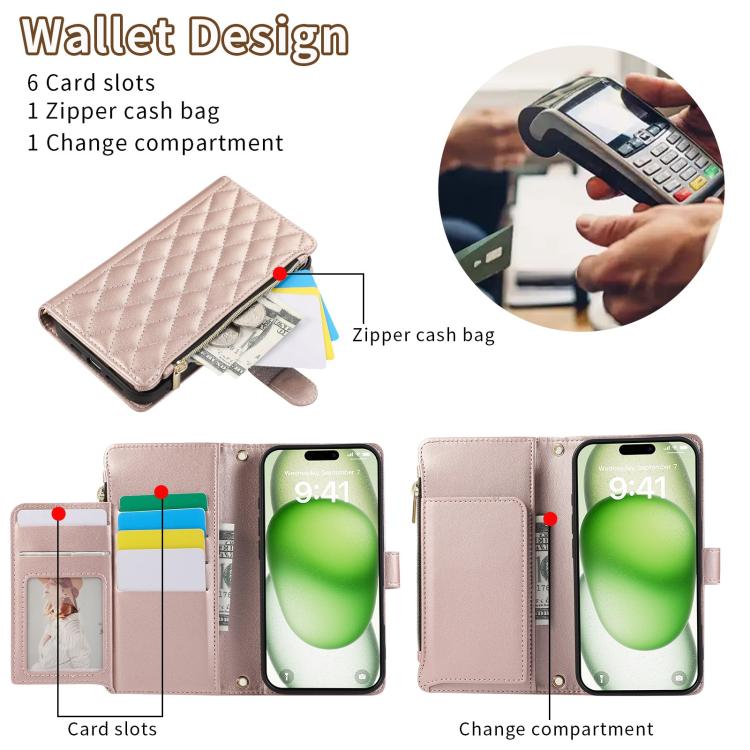 For iPhone 16 Pro Rhombic Zipper Wallet Leather Phone Case