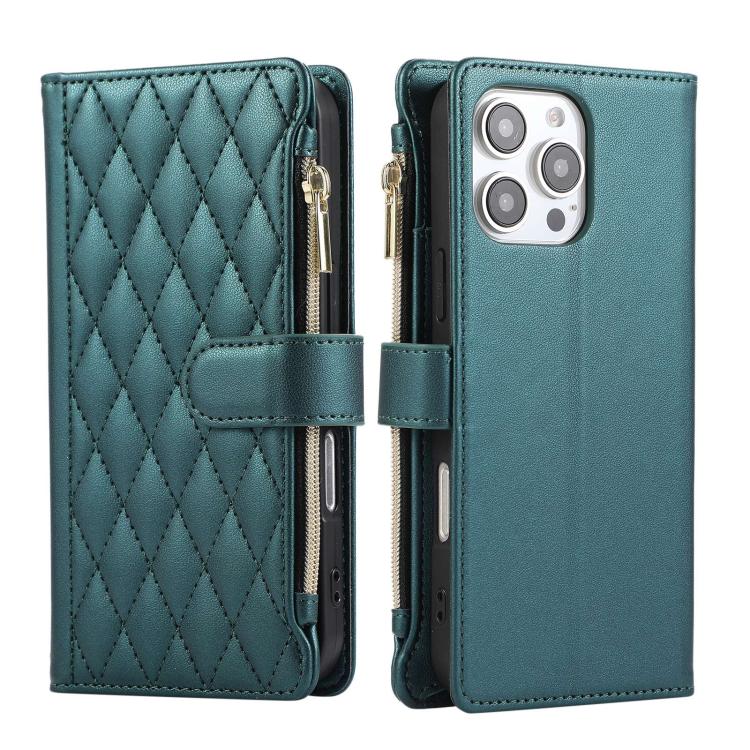 For iPhone 16 Pro Rhombic Zipper Wallet Leather Phone Case