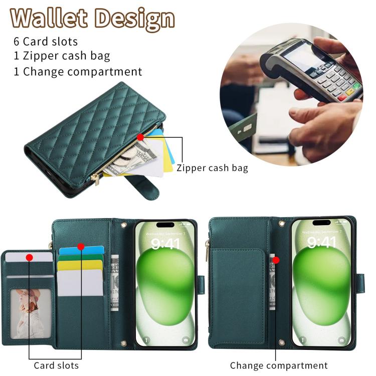 For iPhone 16 Pro Rhombic Zipper Wallet Leather Phone Case