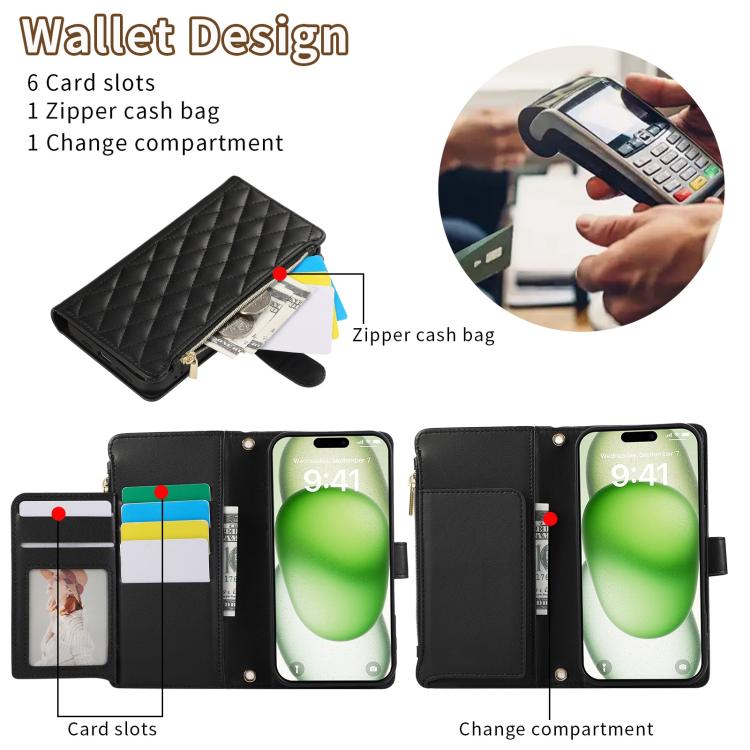 For iPhone 16 Pro Rhombic Zipper Wallet Leather Phone Case