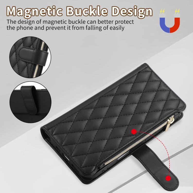 For iPhone 16 Pro Rhombic Zipper Wallet Leather Phone Case